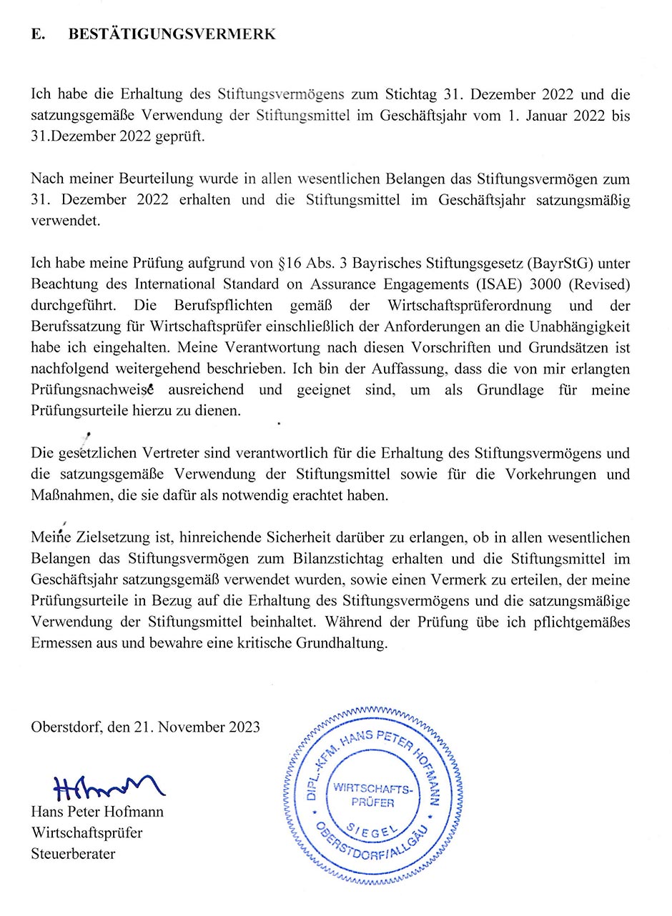 Heinz Volderauer Stiftung Bestätigungsvermerk 2022
