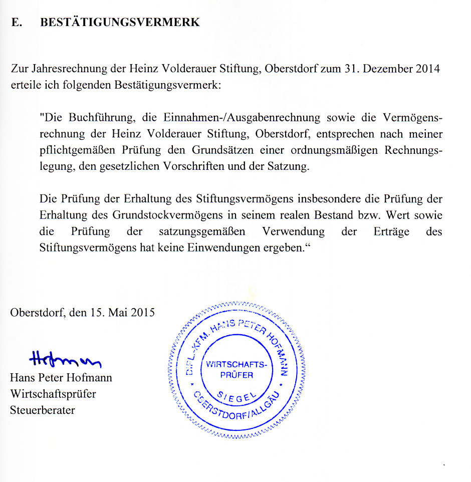 Bestätigungsvermerk 2014 Heinz Volderauer Stiftung