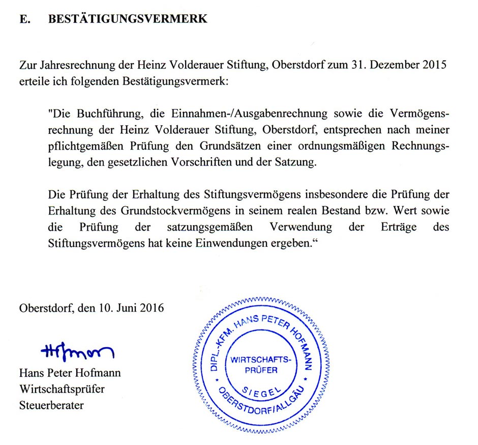 Heinz-Volderauer-Stiftung Bestätigungsvermerk 2015