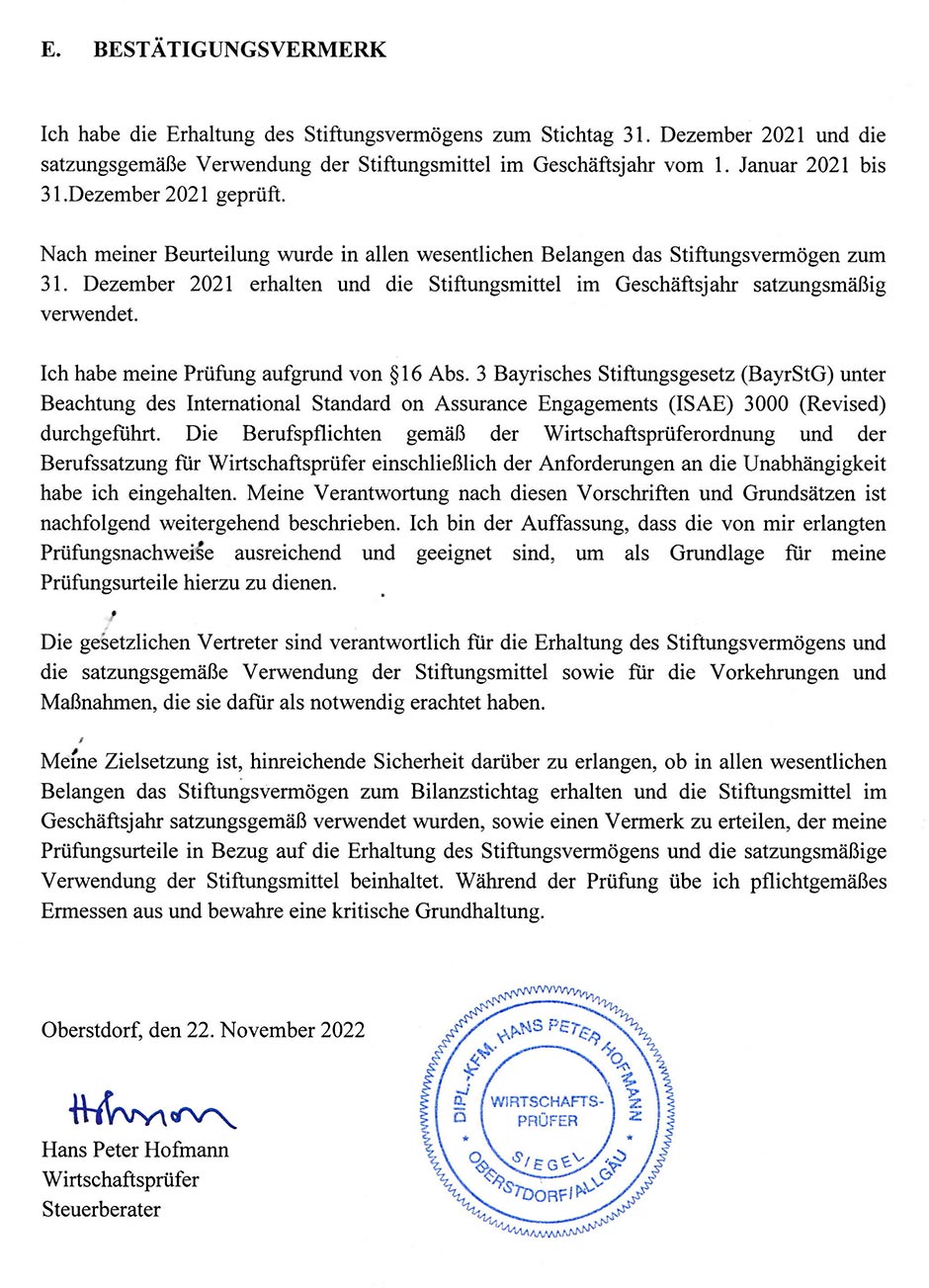 Heinz Volderauer Stiftung Bestätigungsvermerk 2021