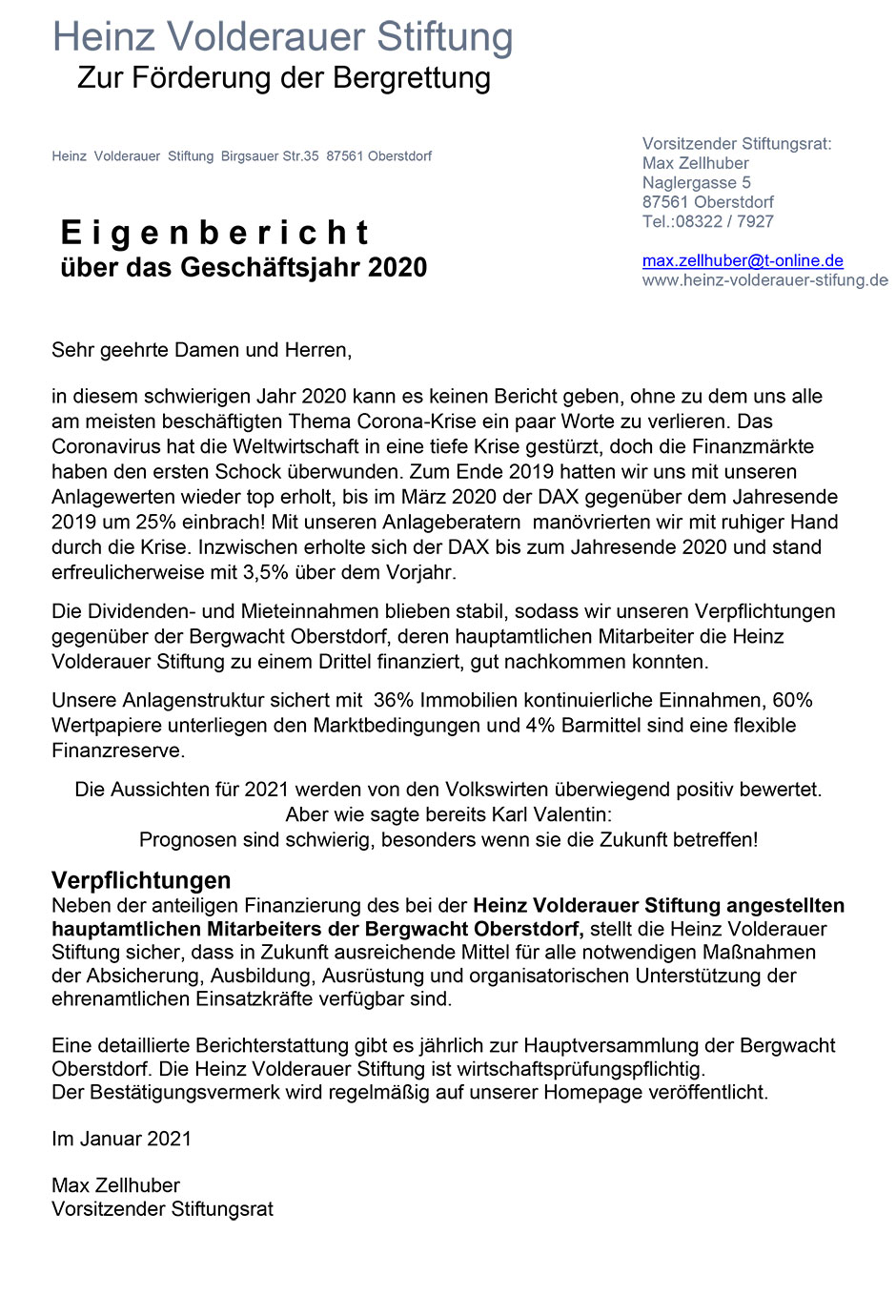 Eigenbericht über das Geschäftsjahr 2020